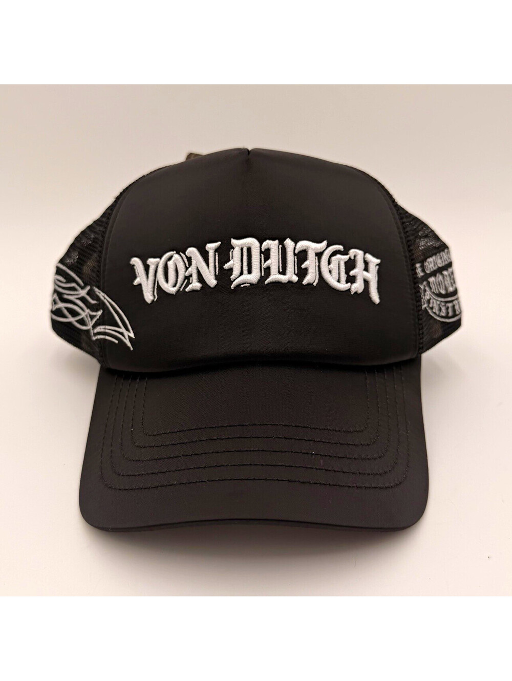 Von Dutch Black Satin/White embroidery Trucker Hat Mesh Back Adjustable One Size